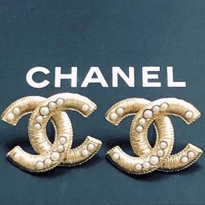 SOLD OUT—Chanel Authentic Gold & Pearl Textured CC Logo Earrings, Large Size
